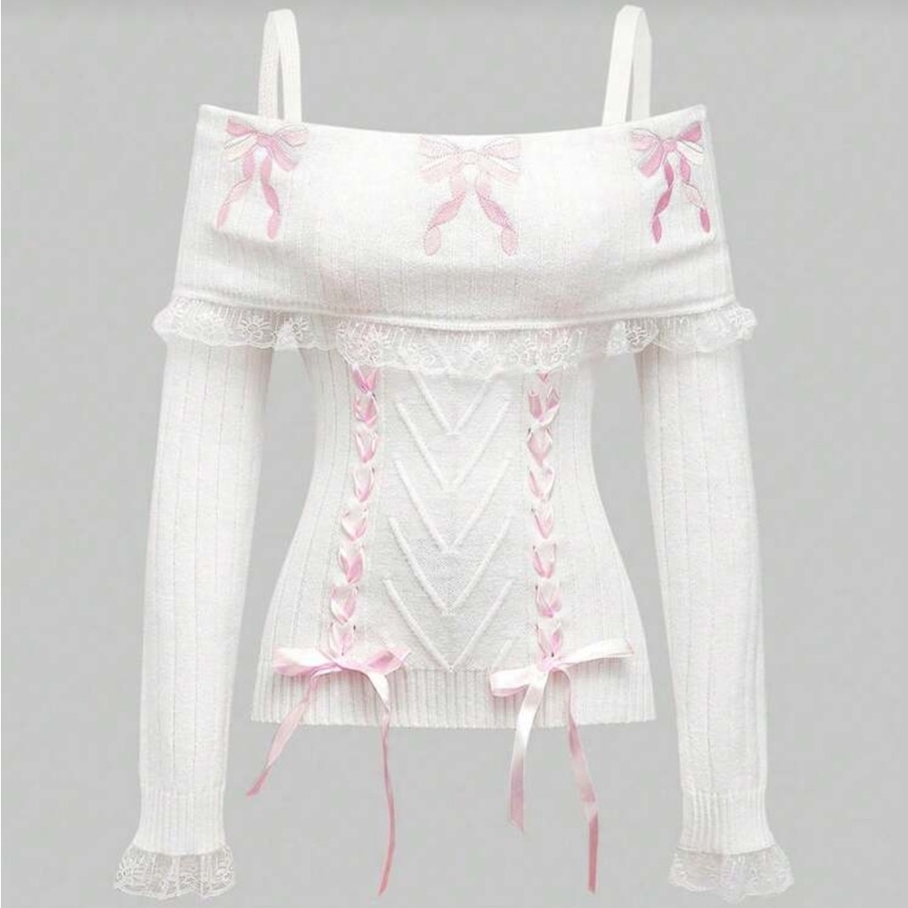 White Off-the-Shoulder Sweater with Pink Ribbon Accents